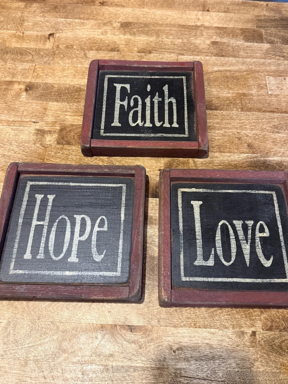 Primitive Faith Love Hope Wall Plaque Trio Signs